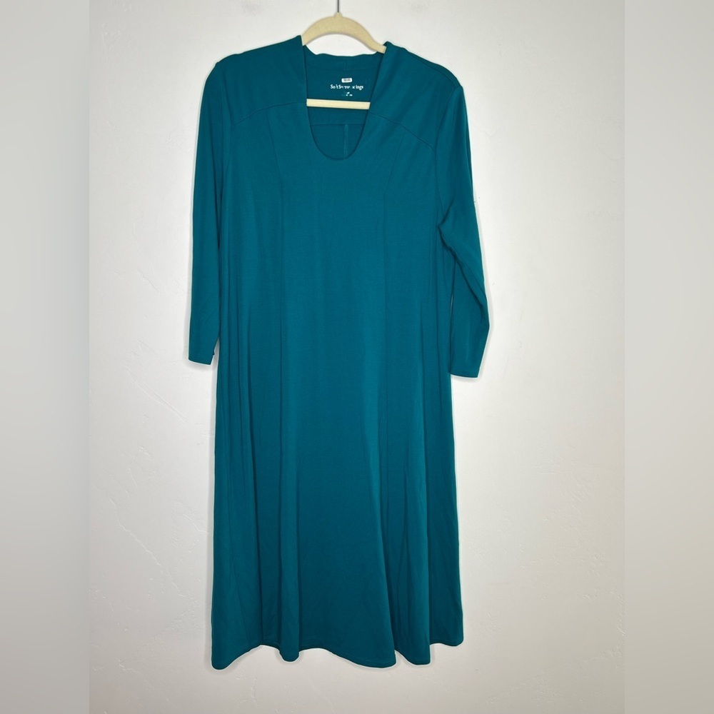 Soft Surroundings Teal Midi 3/4 Sleeve Dress Size Large Comfort Travel Lagenlook